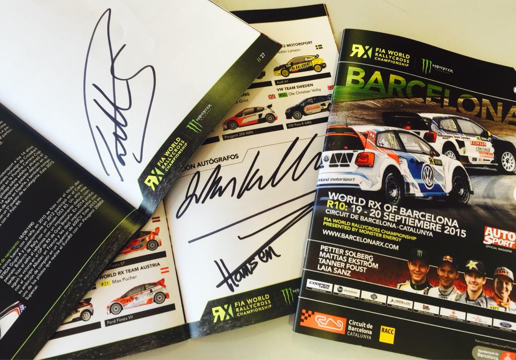 We're giving away a #BarcelonaRX programme signed by <a href="/Petter_Solberg/">Petter Solberg</a>, <a href="/JohanKMS88/">Johan Kristoffersson</a> &amp; <a href="/Timmy_Hansen/">Timmy Hansen</a> - RT to enter!