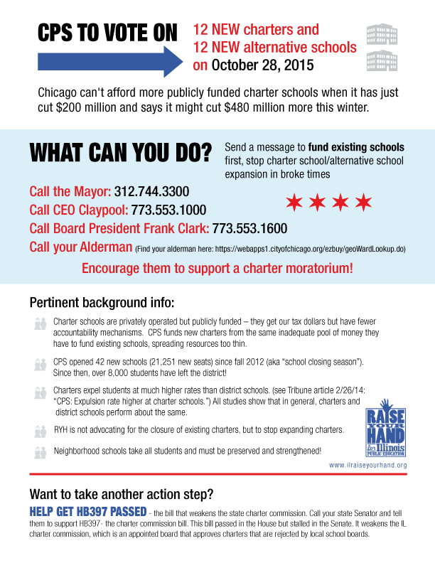 ILRaiseYourHand's tweet photo. ICYMI, CPS to vote on 12 charters +12 alt scls in October. Use our flyer to oppose. http://t.co/uDSeTdwfog