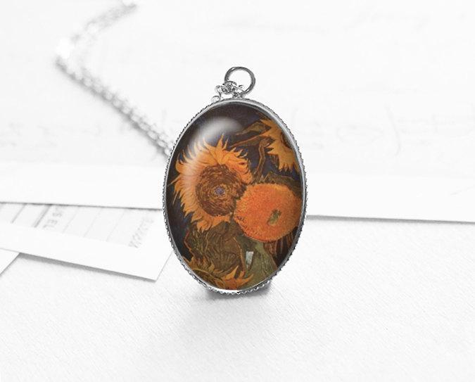 Van Gogh Sunflower Necklace, Sunflower Pendant, Flower Jewelry, Bes… etsy.com/listing/202989… #Etsy #SunflowerPendant