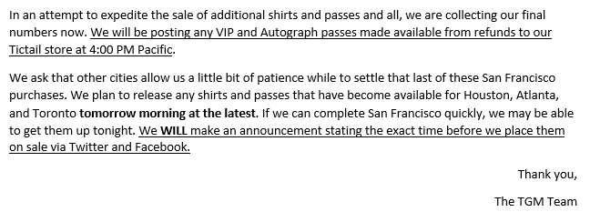 tgm_events's tweet photo. [NOTICE] Release of San Francisco shirts, VIP, and Autograph passes! Please read the notice below! http://t.co/UyaQFWnLrB