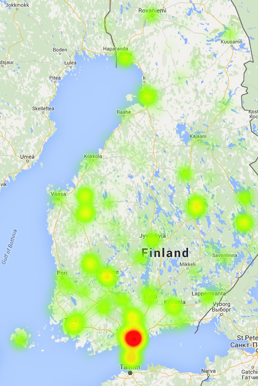 autiomaa's tweet photo. Made a heat map of live music events in Finland (during December 2014).

http://t.co/RcFBnxC0Cy
#teostoapi #event http://t.co/jm6wNHVF6h
