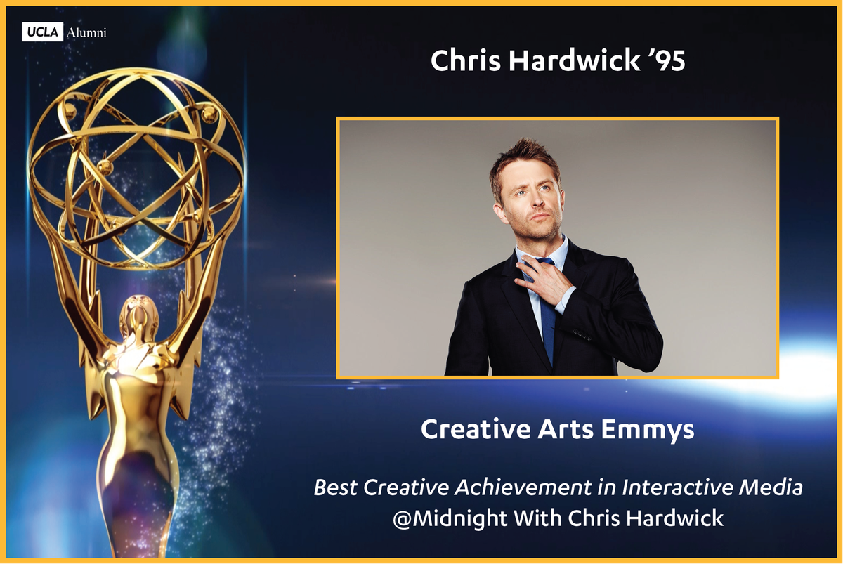 UCLA_Alumni's tweet photo. Congratulations, Chris Hardwick ’95 (@nerdist)!  During the past week this #Bruin took home an #Emmy and got engaged! http://t.co/x4ptRn0U4E