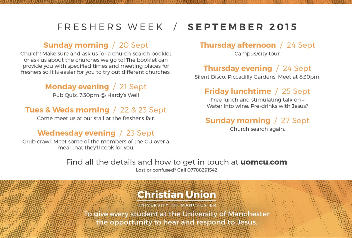 ManchesterUniCU's tweet image. Hey everyone. Our fresher's week schedule is now up. Check it out!