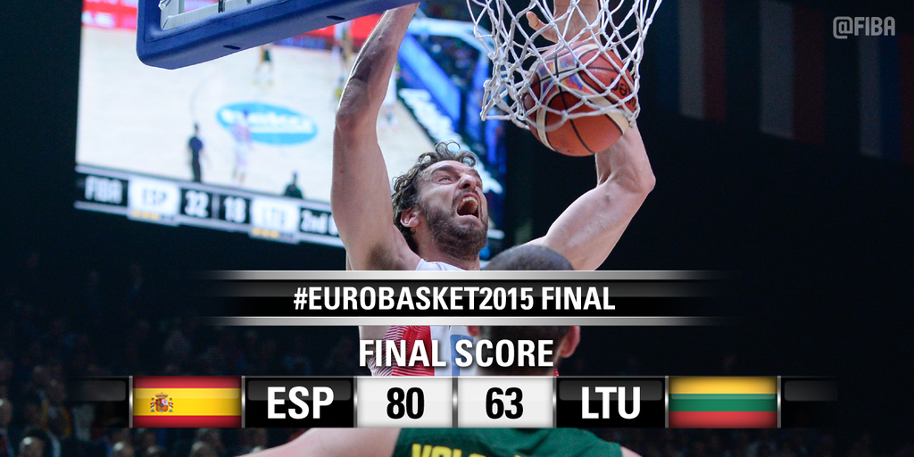 NBA's tweet photo. SPAIN wins the @FIBA #EuroBasket2015 title with 80-63 win over LITHUANIA on @PauGasol's 25p/12r/4a! http://t.co/TYAP1e1FT2