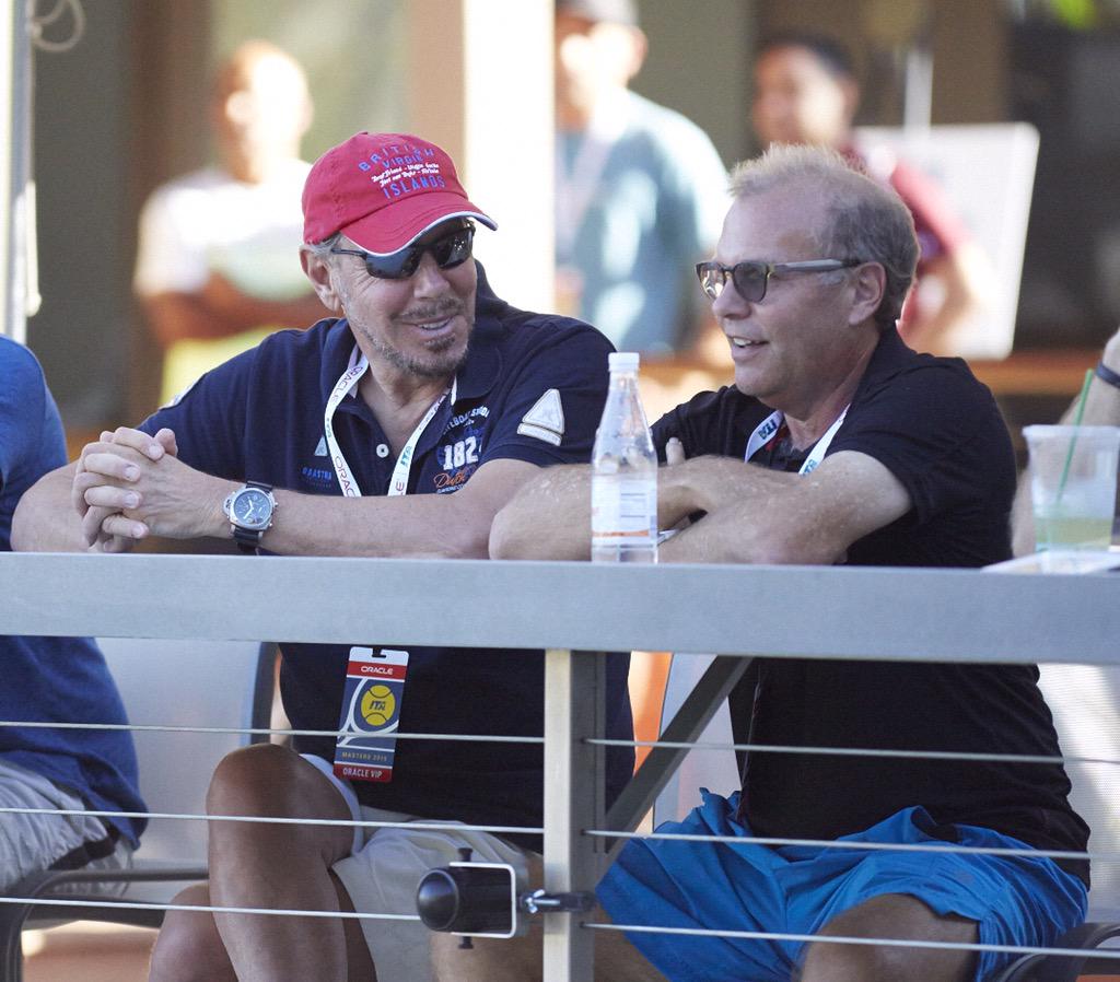 Oracle's tweet photo. Larry Ellison talking #tennis w/ Trey Waltke, GM of @MalibuRacquet Club at #OracleITAMasters http://t.co/jK5ziOdbnr