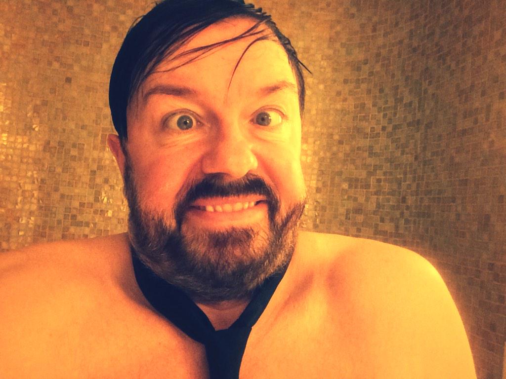 rickygervais's tweet image. Getting ready for the #Emmys2015. They said I should wear a tie.