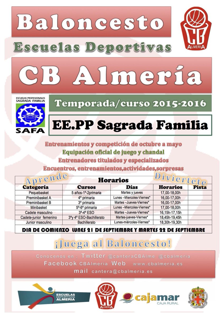 canteraCBAlme's tweet photo. ℹBALONCESTO🏀 @cbalmeria @Cajamar ESCUELAS DEPORTIVAS ℹ @safaalmeria  info ☎663 617 012 📩cantera@cbalmeria.es http://t.co/H7uxnMc75K