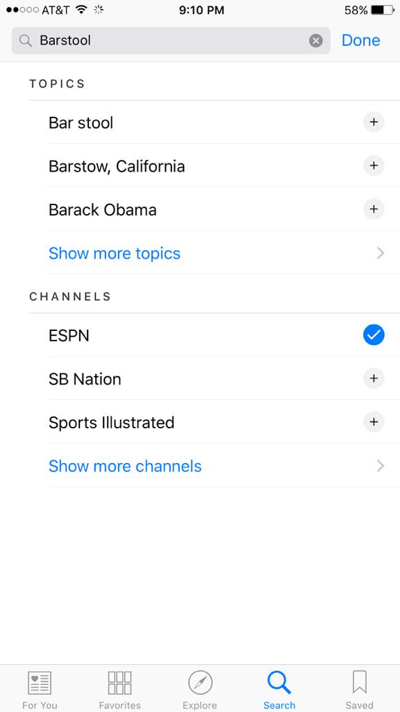 AllenDumich's tweet image. @BarstoolBigCat @stoolpresidente Why isn't there an option for barstool in the new iOS 9 "news" app? #devnest