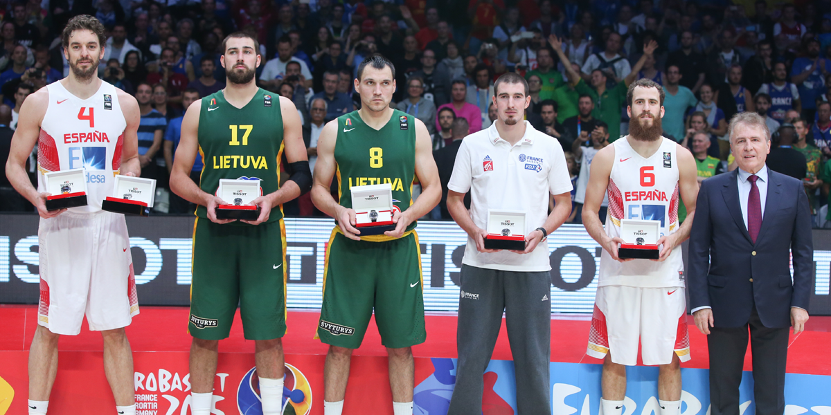 FIBA's tweet photo. #EuroBasket2015 All-Star Five presented by @TISSOT: P.Gasol, J.Valanciunas, J.Maciulis, N.De Colo &amp; S.Rodriguez! http://t.co/yJN4JbFKjX