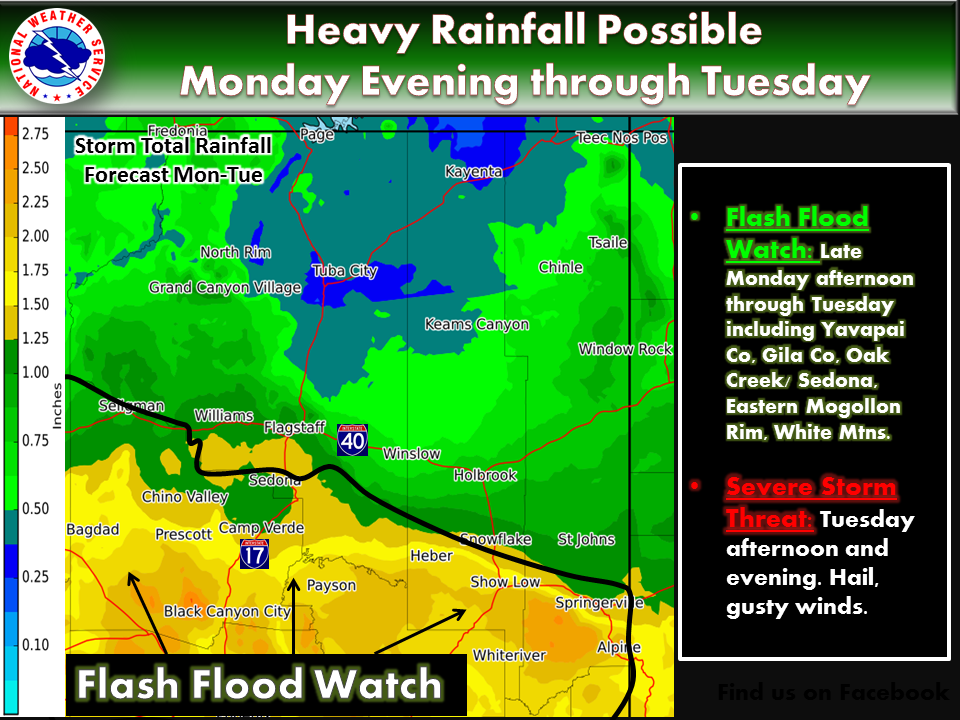 NWSFlagstaff's tweet photo. Flash Flood Watch issued for portions of central &amp; northern AZ late Mon Aftn-Tue. Some severe storms poss. Tue #azwx http://t.co/bygOpcK4L3