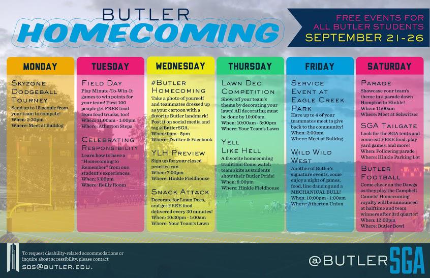ButlerSGA's tweet photo. Here is a pic of the Homecoming events for this week! Share with your friends! You don't want to miss out!#BUHoCo2015 http://t.co/PGo9SCUAcM