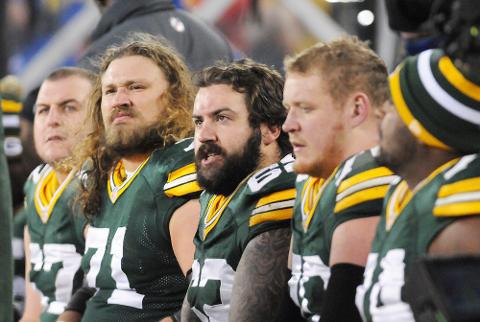 PFTCommenter's tweet image. GreenBay offensive line all looks like bassists in rap metal bands