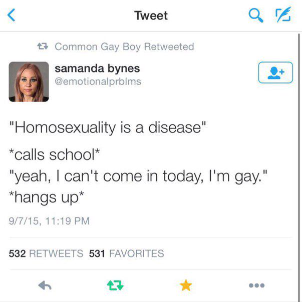 Micro_Cuts23's tweet image. "Гомосексуализм - это болезнь"

*звонит в школу*
"Сорян, я сегодня не приду, я гей"
*вешает трубку*