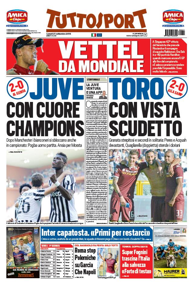 tuttosport's tweet photo. La #primapagina di oggi: - #Juve con cuore Champions - #Toro con vista scudetto http://t.co/OAhkOo5Lls http://t.co/87m6u57wSP