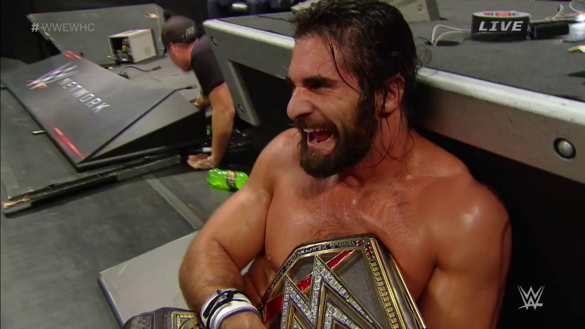 WWE's tweet photo. HE DID IT! @WWERollins rolled through the #ScorpionDeathLock to pin @Sting for the 1-2-3! #WWENOC #WWEWHC http://t.co/NMqc8yh9iU