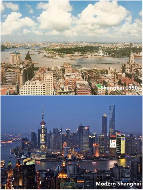 中国の80年代以降の30年あまりの経済発展による町の変貌ぶり比較写真