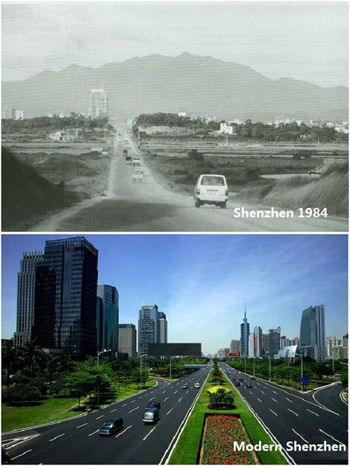 中国の80年代以降の30年あまりの経済発展による町の変貌ぶり比較写真