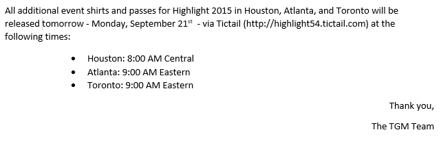 tgm_events's tweet photo. [NOTICE] Release of all remaining shirts and pass for Houston, Atlanta, and Toronto! Please read the notice! http://t.co/5Q0PSQzY1j