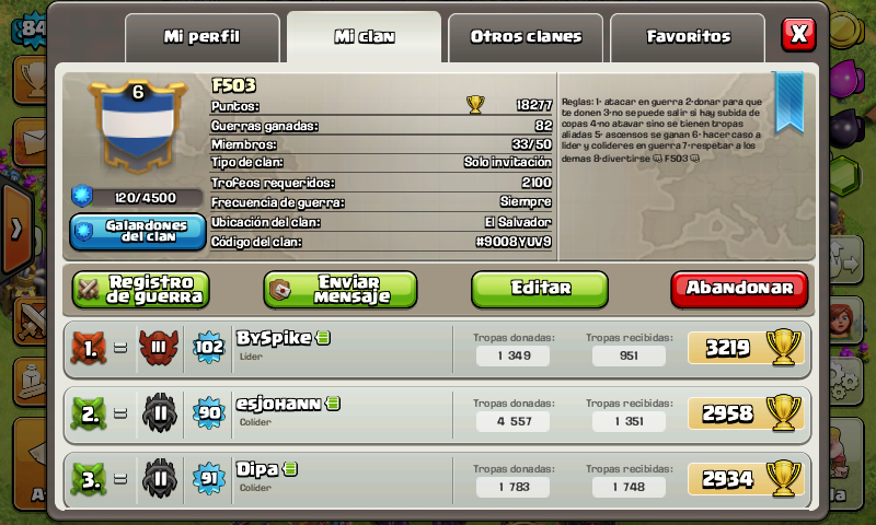F503Coc's tweet photo. Clan Salvadoreño! "F503"
 #9008YUV9 #PerfilClanCoC http://t.co/LWC98uSCKr