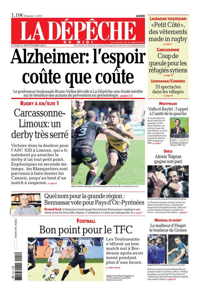 CarcassonneXIII's tweet photo. A la une de la @LaDepecheAude "Carcassonne Limoux un derby serré"
#rugbyXIII #LIMASC #Carcassonne http://t.co/SZQ9g17YXL