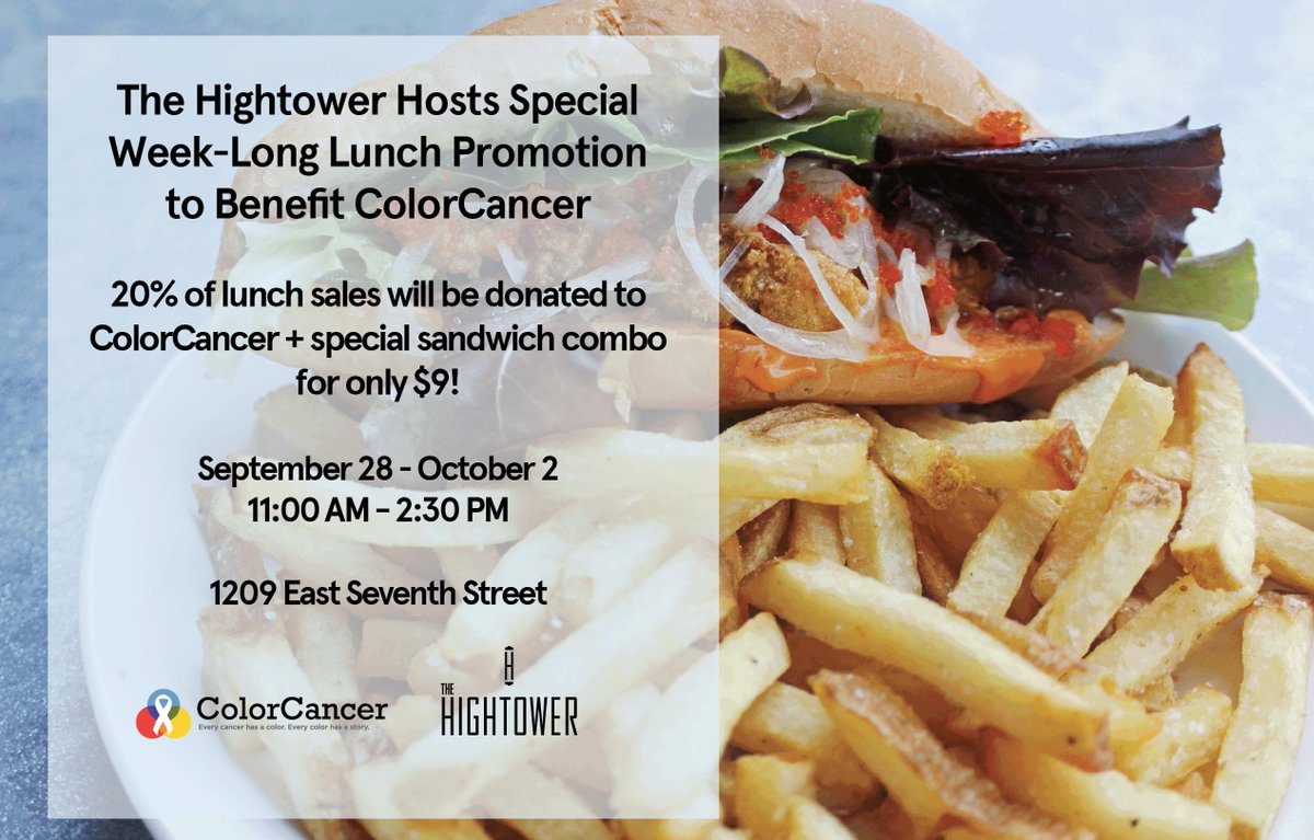 CareBOXProgram's tweet photo. Stop by @thehightoweratx for an awesome lunch special this week AND support @ColorCancer! #makeATXCaredFor http://t.co/S9aoO5xShI