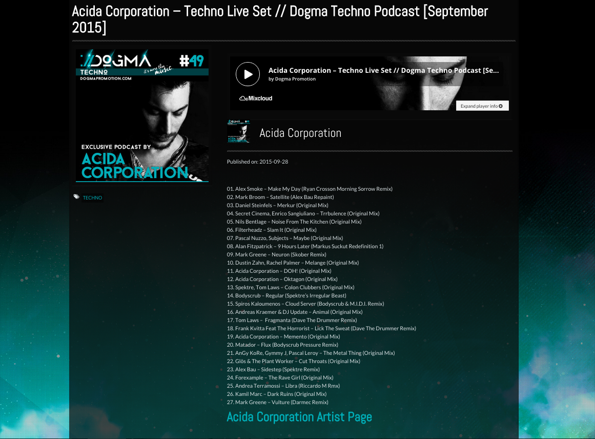 DogmaPromotion's tweet image. ★ NEW #Techno #Podcast by @AcidaCorp ★ Enjoy it! #itsmorethanmusic
dogmapromotion.com/podcast/acida-…
