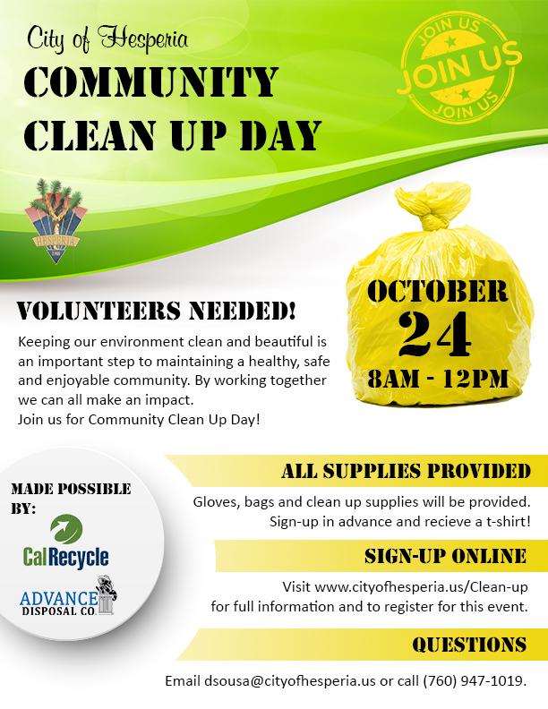 CityofHesperia's tweet photo. Community Clean Up Day is right around the corner! Sign up today and help us keep #Hesperia beautiful. http://t.co/puox3l6gRl
