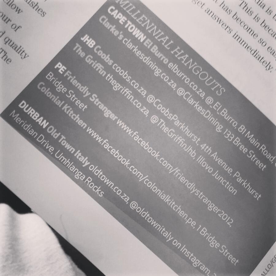 Generation Y hangouts in PE, in flight mag.