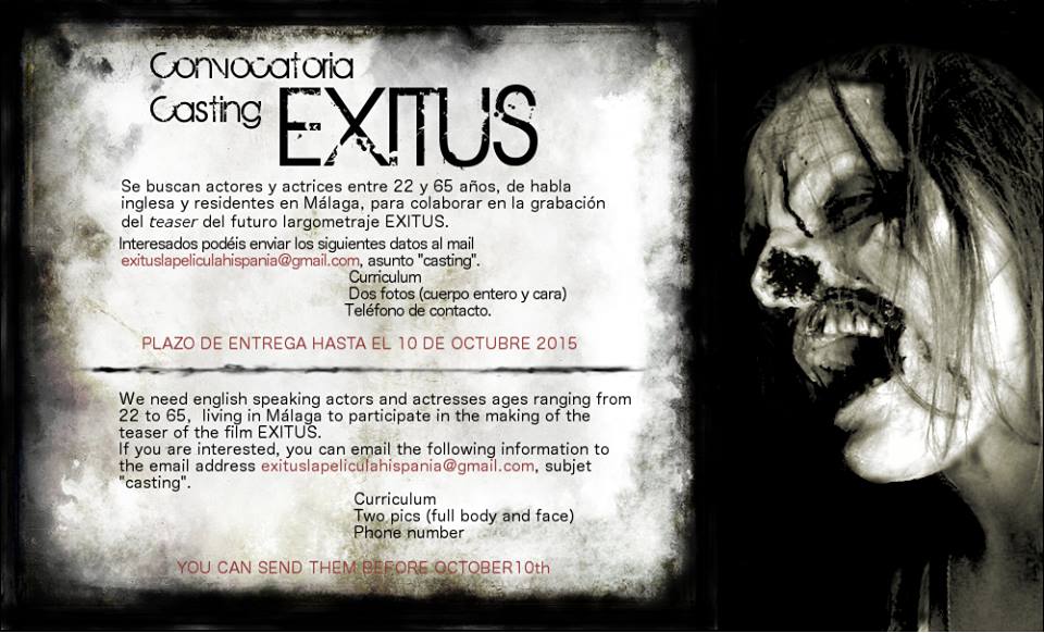 EXITUSpelicula's tweet photo. ¡CASTING! Buscamos actores de habla inglesa residentes en Málaga. #Exitus #Malaga #Casting #Terror #CineDeTerror http://t.co/EfC0aBpd8b