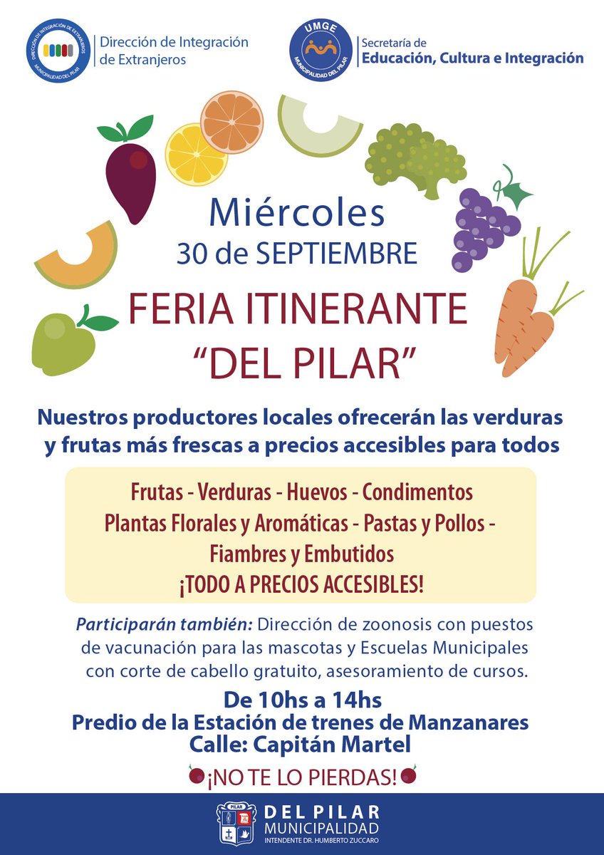 UMGE_Prensa's tweet photo. FERIA ITINERANTE "DEL PILAR" - 30/9 de 10 a 14hs., en el predio de la Estación de trenes de Manzanares @CarmenZuccaro http://t.co/4beOxh3uvB