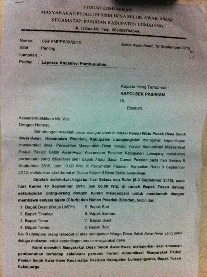 Surat pengaduan warga pasir awar-awar Lumajang, warga juga sudah lapor dan minta perlindungan pada kapolsek Pasirian