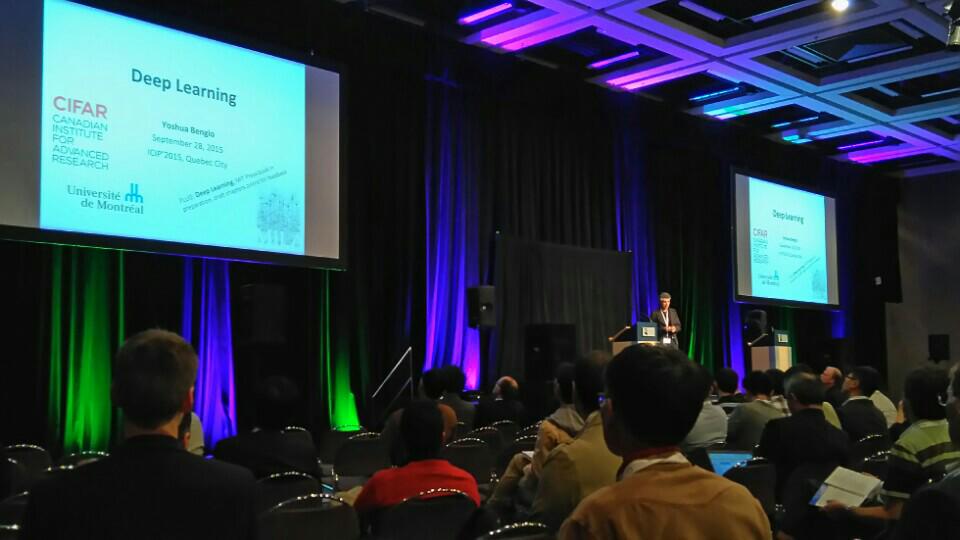 Benoit_Huet's tweet photo. Getting ready for Prof. Y Bengio's #ICIP2015 keynote on #deeplearning https://t.co/LwLd7aQEBF http://t.co/NRMjVhFWpL