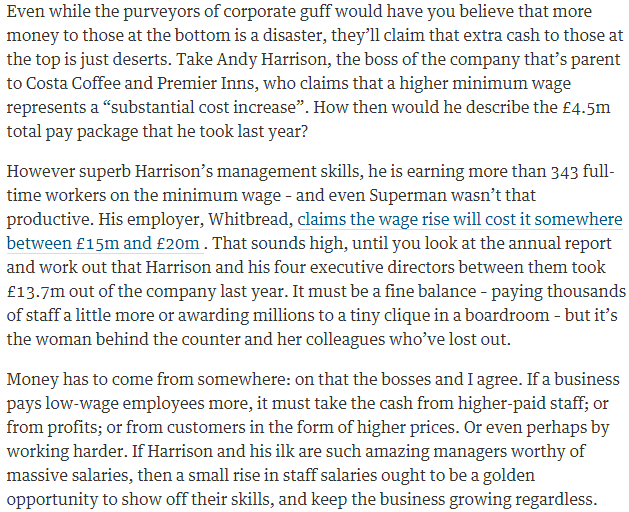 InequalityBrief's tweet photo. Whitbread plc say £15m cost of higher minimum wage is too much. They paid 5 execs total of £14m (via @chakrabortty) http://t.co/6qz2XtXYps