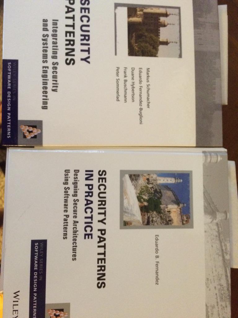 SecurityCRob's tweet photo. The 2 books ref'ed in my #derbycon preso yesterday, for those playing @home. Eduardo Fernandez's Wiley books #SecArch http://t.co/NPjlbVbHYe