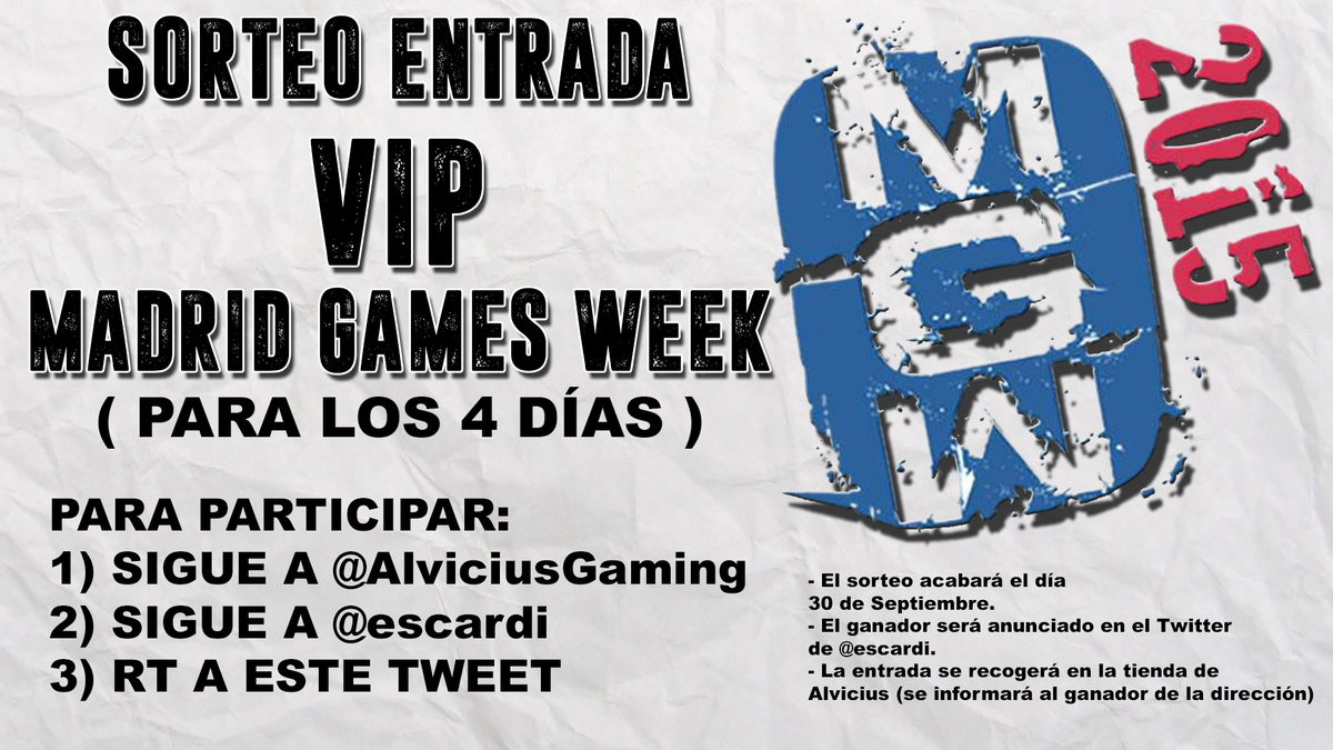 escardi's tweet photo. ¡¡SORTEO DE UNA ENTRADA VIP PARA MGW!! (PARA LOS 4 DÍAS)¡¡PARTICIPA!! :D Sigue a @AlviciusGaming &amp; @escardi y da RT http://t.co/gtGnQ2Ow2s