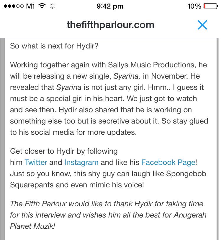 HydirIdrisFC's tweet photo. Interviu @hydiridris dengan The Fifth Parlour tentang lagu barunya, #Syarina :) http://t.co/Zg8hol17GS