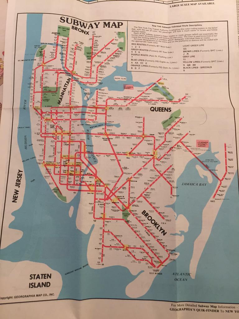 tomhalltravel's tweet photo. Found an old NYC map from 1980 in the family hoard. Crazy colours but makes it seem like the streets were empty. http://t.co/1UQu7aRvCb