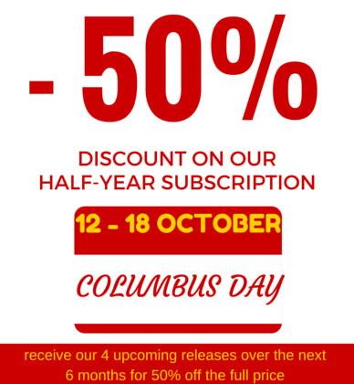 Hispabooks's tweet photo. #HispaLit Columbus Day Promo - 50% discount off our half-year subscription from 12-18 October http://t.co/AgdInawNyP http://t.co/Rb6fWrTy26