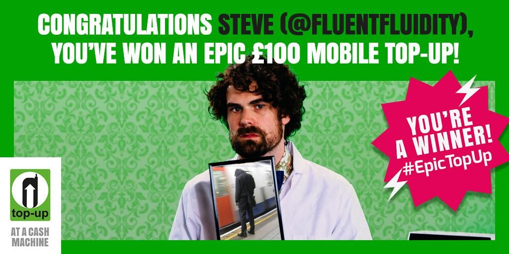 DoctorNomo's tweet photo. OMG! CONGRATZ Steve @fluentfluidity - you've only gone and won yourself £100 mobile credit! ❤️📱💰 #EpicTopUp http://t.co/pBPMvVaJd6