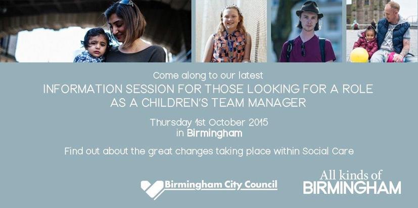 BhamCityCouncil's tweet photo. Interested in a role as a Team Manager in BCC Social Care. Seminar 1/10. Info+Booking http://t.co/R7wdOvURZQ http://t.co/FVGdibY8Zh