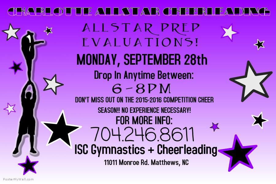 GoCharlotteAS's tweet photo. Tonight! Drop in between 6-8pm &amp; be evaluated for one of our Allstar Prep Teams! You don't want to miss out! #cac 💜 http://t.co/8YVbCPFRyy