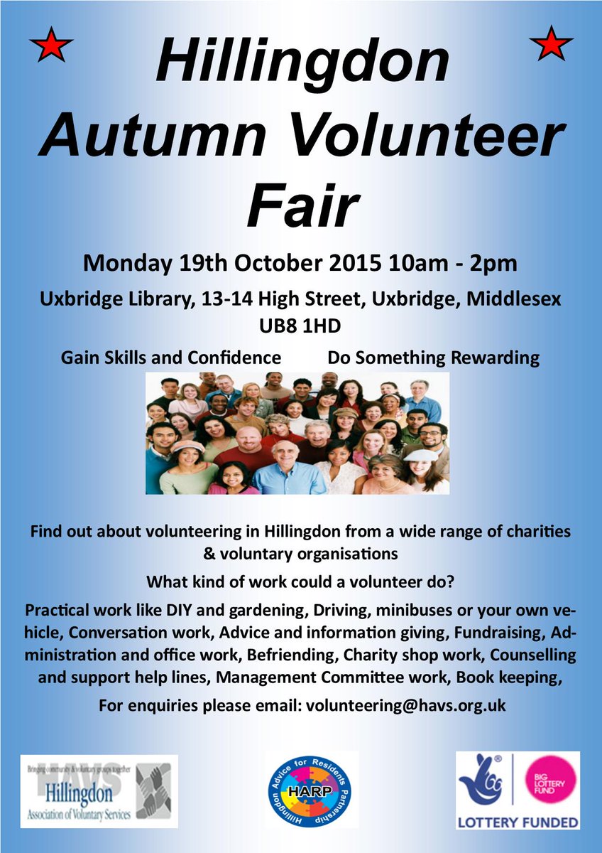 HARPHillingdon's tweet photo. are you looking to volunteer? if YES come along to the #hillingdon Autumn #volunteer fair http://t.co/A01Ev0Ip6E