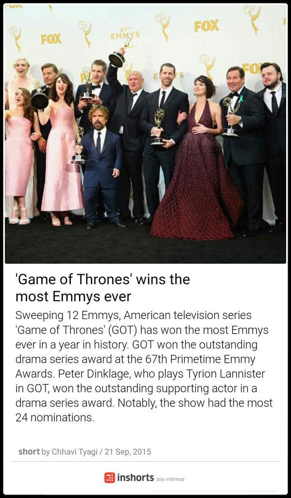 GkrishPy's tweet image. &apos;Game of Thrones&apos; wins the most Emmys ever
goo.gl/b3vFD3 
 -via inshorts