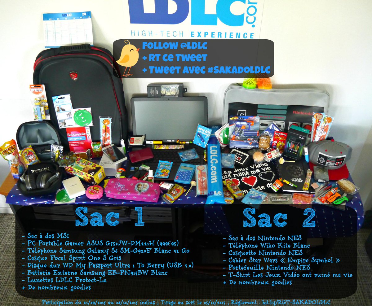 LDLC's tweet image. 💼 Deux sacs très bien remplis à gagner ! Follow @LDLC + RT ce Tweet + Tweet avec #SakadoLDLC bit.ly/SAKADO-CONTENU