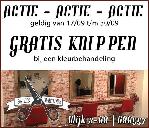Ook deze week ACTIE. Gratis knippen hij een kleurbehandeling. Bel morgen voor een afspraak: 688557.