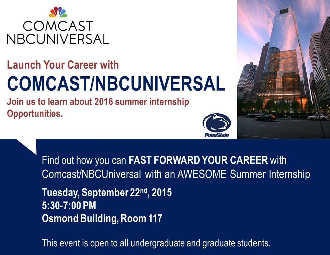 PSULAJobs's tweet photo. Learn about summer internships with @comcastcareers today at 5:30PM! #LAInternship http://t.co/0V3d8Tgnfx