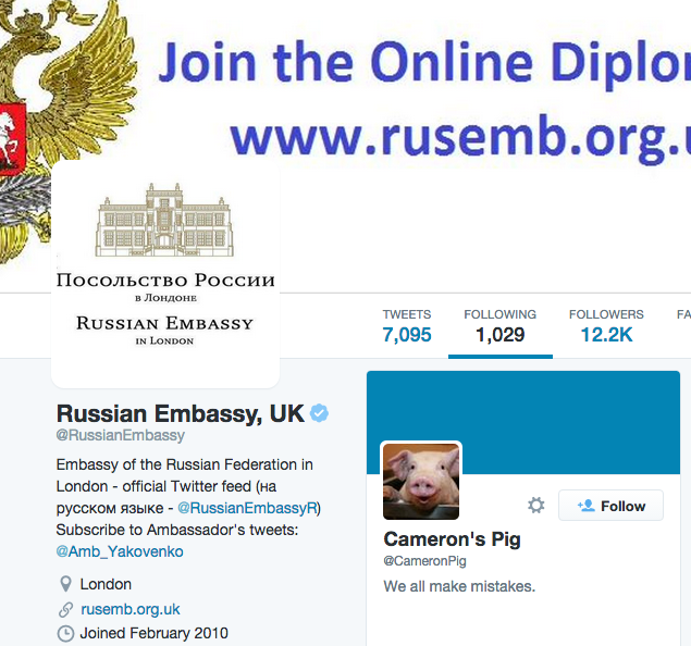 indy100's tweet photo. The Russian embassy is following @CameronPig http://t.co/xutKHlTffE http://t.co/tSls1C8Nci
