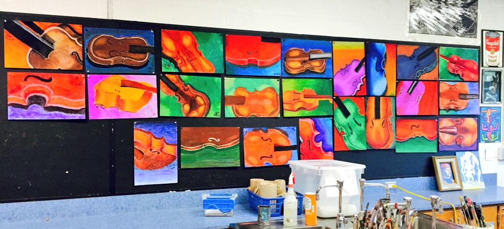 Rheault_ism's tweet photo. Painting 1, 1st hr. - "Violins".  First time ever put up entire class. #qualityboard #art #oilpastels @fhspatriots http://t.co/n7vqLVMcVN