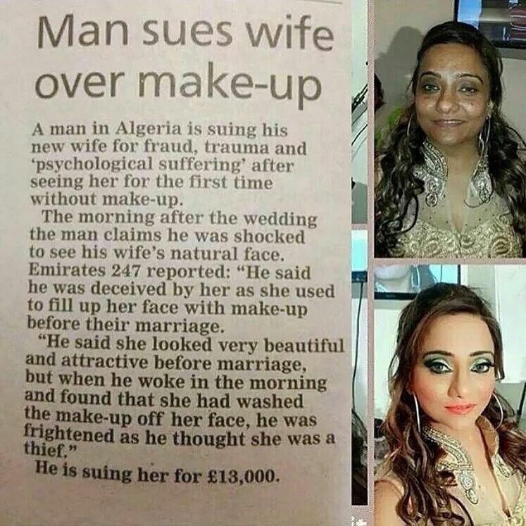 Gráinne McGarvey on Twitter: "Ouch. Man sues wife for £13k after seeing for the first time without makeup :/ http://t.co/UuIQKO4yEJ" / Twitter