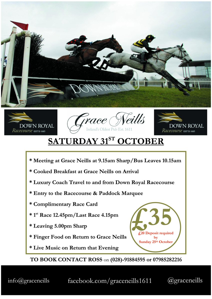 Our Next Trip to <a href="/Downroyal/">Down Royal Racecourse</a> is on Saturday 31st October. Get on board with us for a great days racing. Book today :)